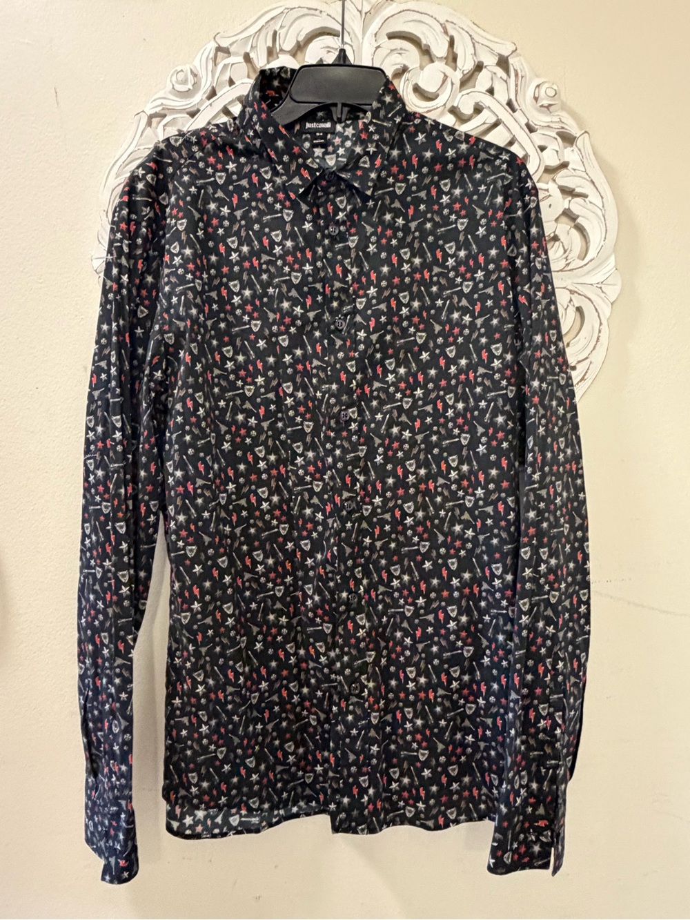 Just Cavalli Black Rock n Roll print Button-Down Shirt XXL